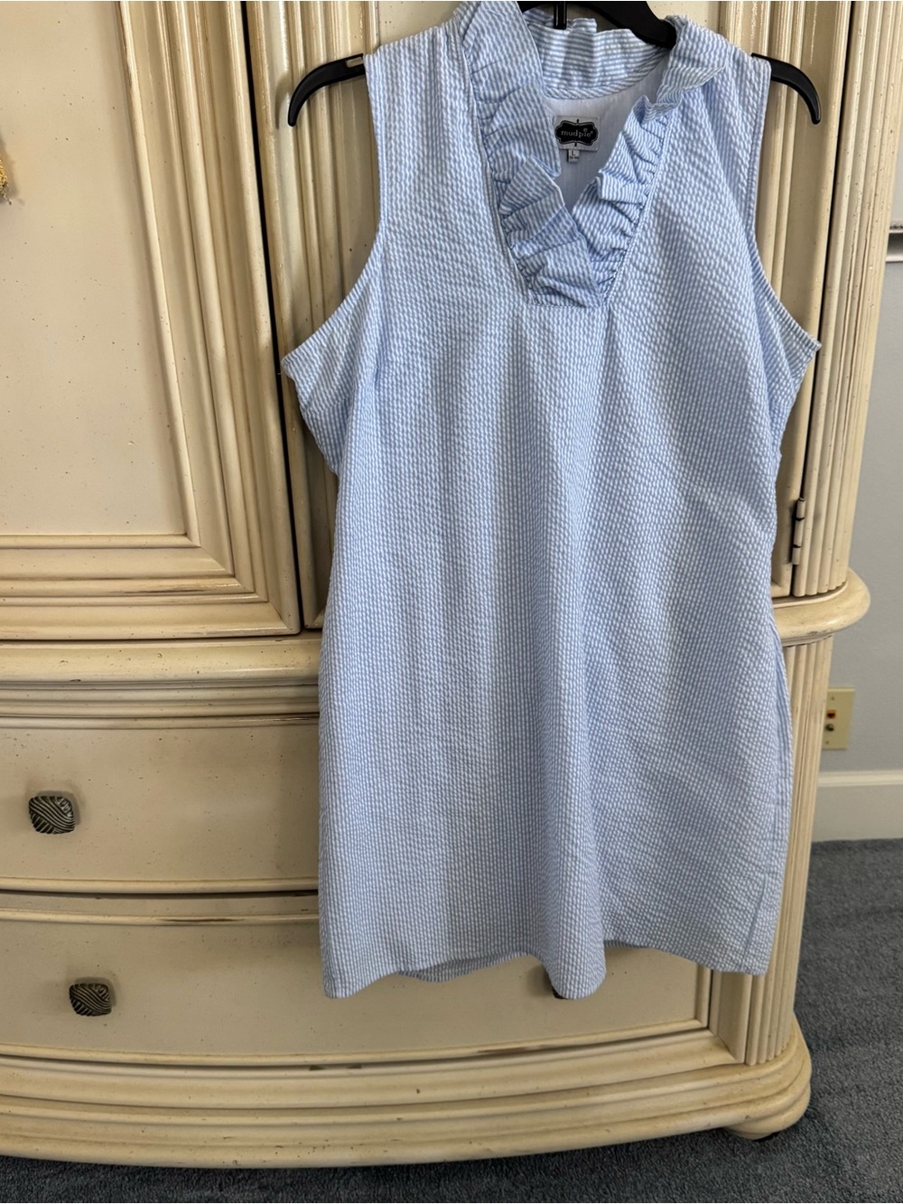 Mud Pie Light Blue Sleeveless Ruffle-Trim seersucker dress